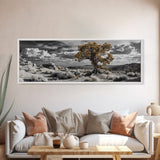 Twisted Desert Tree, Rocky Canyon Art, Dramatic Sky Nature Scene, Framed Canvas Print, Rustic Wall Decor, Moody Western Home Aesthetic