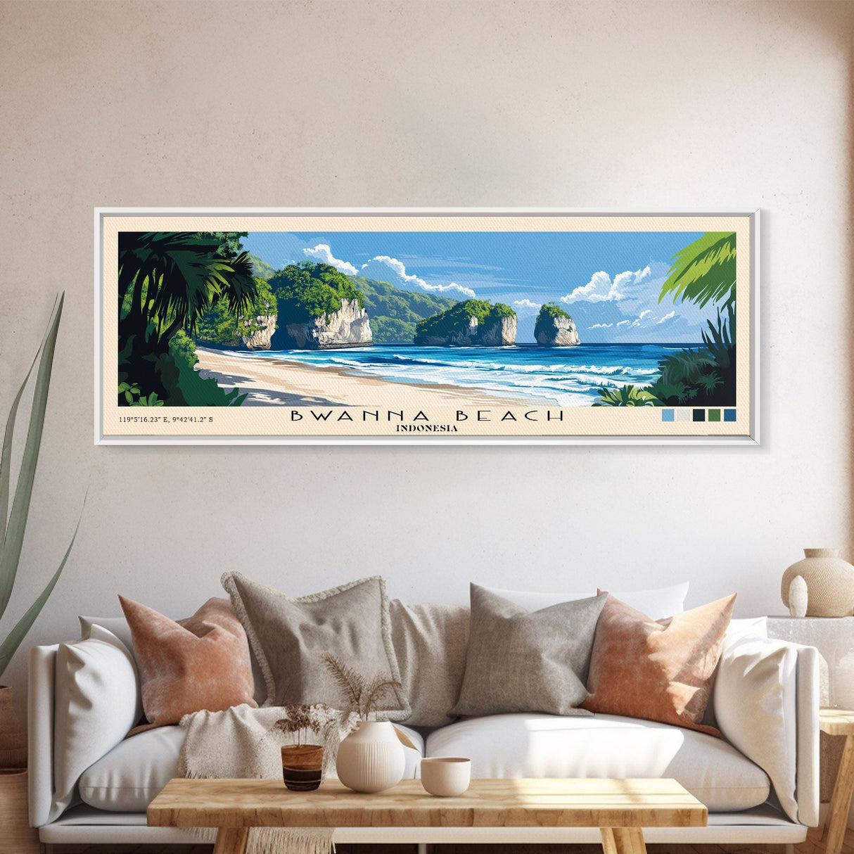 Bwanna Beach, Indonesia Panoramic Beach Print, Vacation Gift, Indonesia Wall Art, Framed Canvas Print, Framed Beach Painting