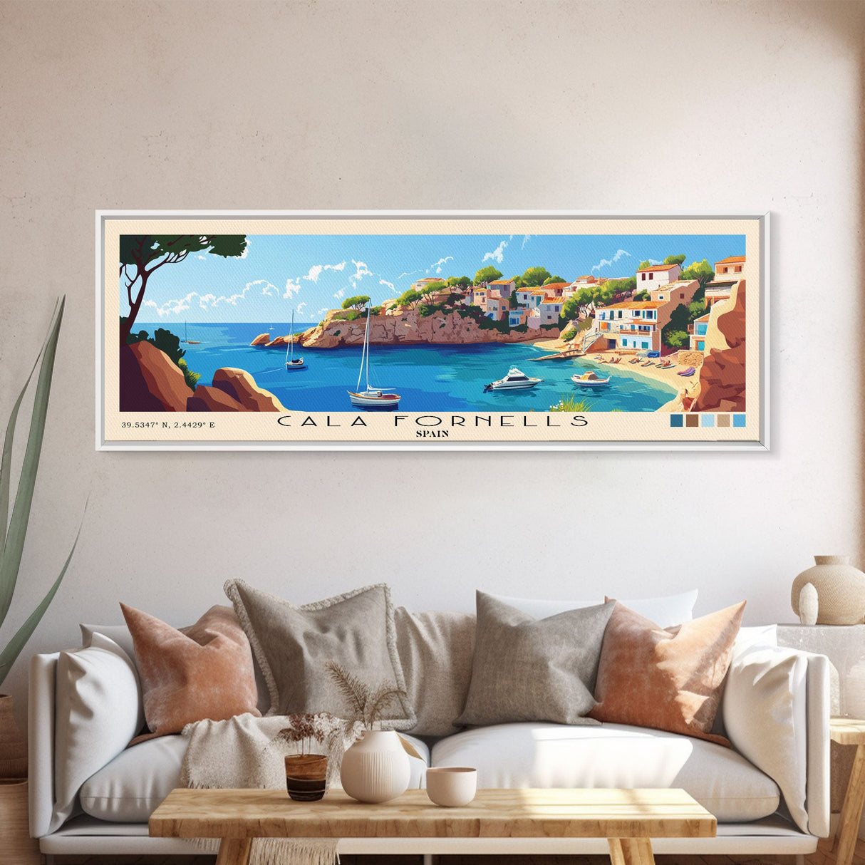 Cala Fornells, Spain Panoramic Beach Print, Vacation Gift, Spain Wall Art, Framed Canvas Print, Framed Beach Painting