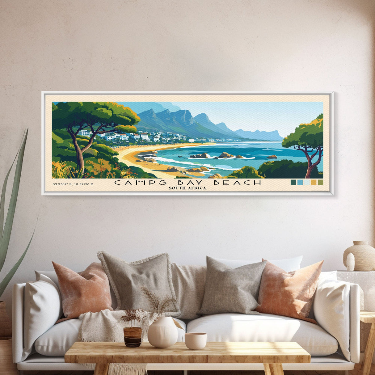 Camps Bay Beach, South Africa Panoramic Beach Print, Vacation Gift, South Africa Wall Art, Framed Canvas Print, Framed Beach Painting