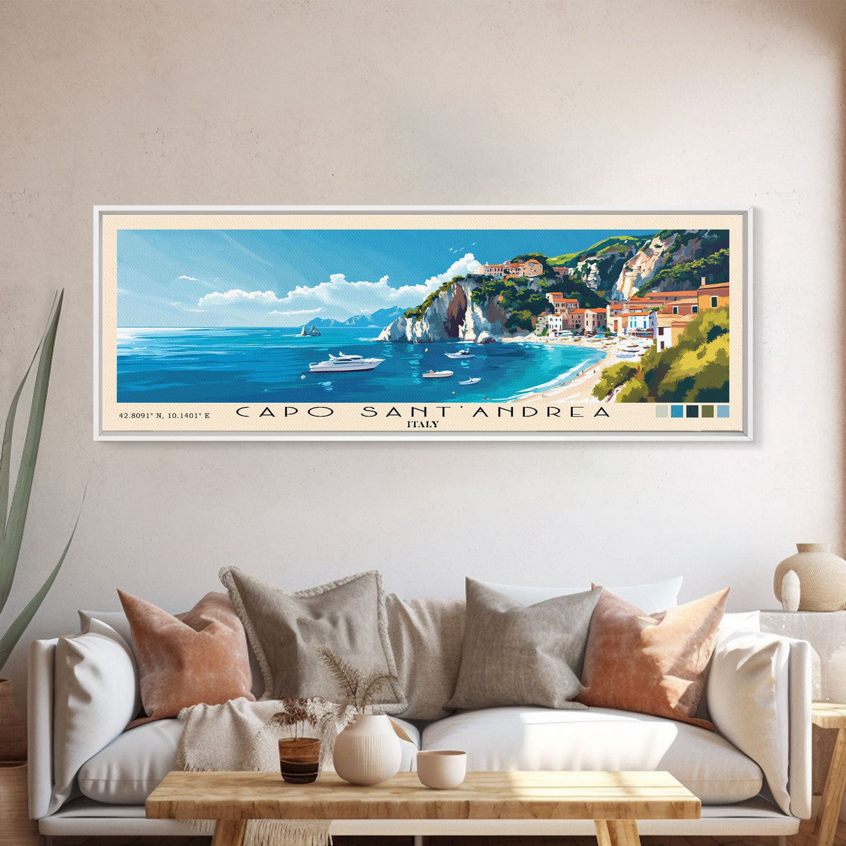 Capo Sant’Andrea, Italy Panoramic Beach Print, Vacation Gift, Italy Wall Art, Framed Canvas Print, Framed Beach Painting