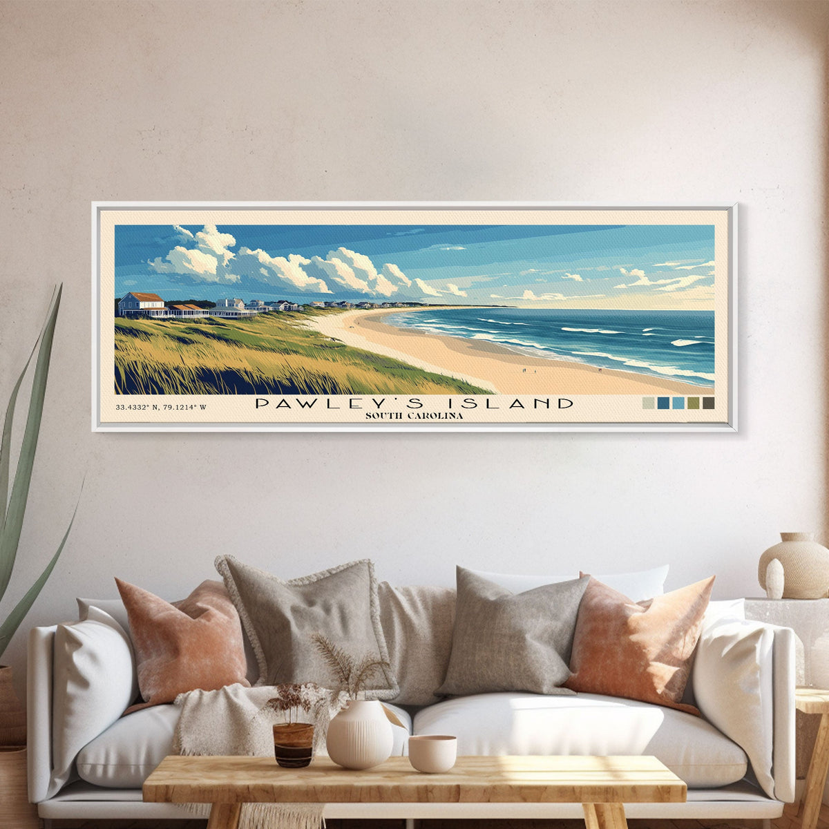 Pawley's Island, South Carolina Panoramic Beach Print, Vacation Gift, South Carolina Wall Art, Framed Canvas Print, Framed Beach Painting