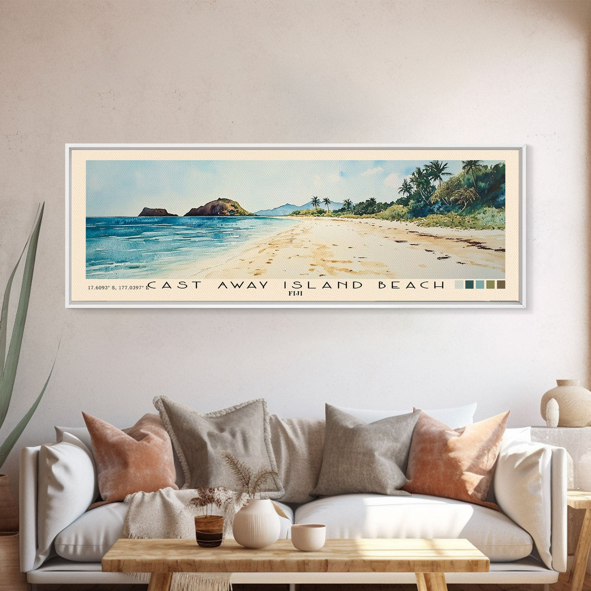 Cast Away Island Beach, Fiji Watercolor Print, Vacation Gift, Fiji Wall Art, Beach Painting, Beach Decor, Large Wall Art, Wood Frame Art