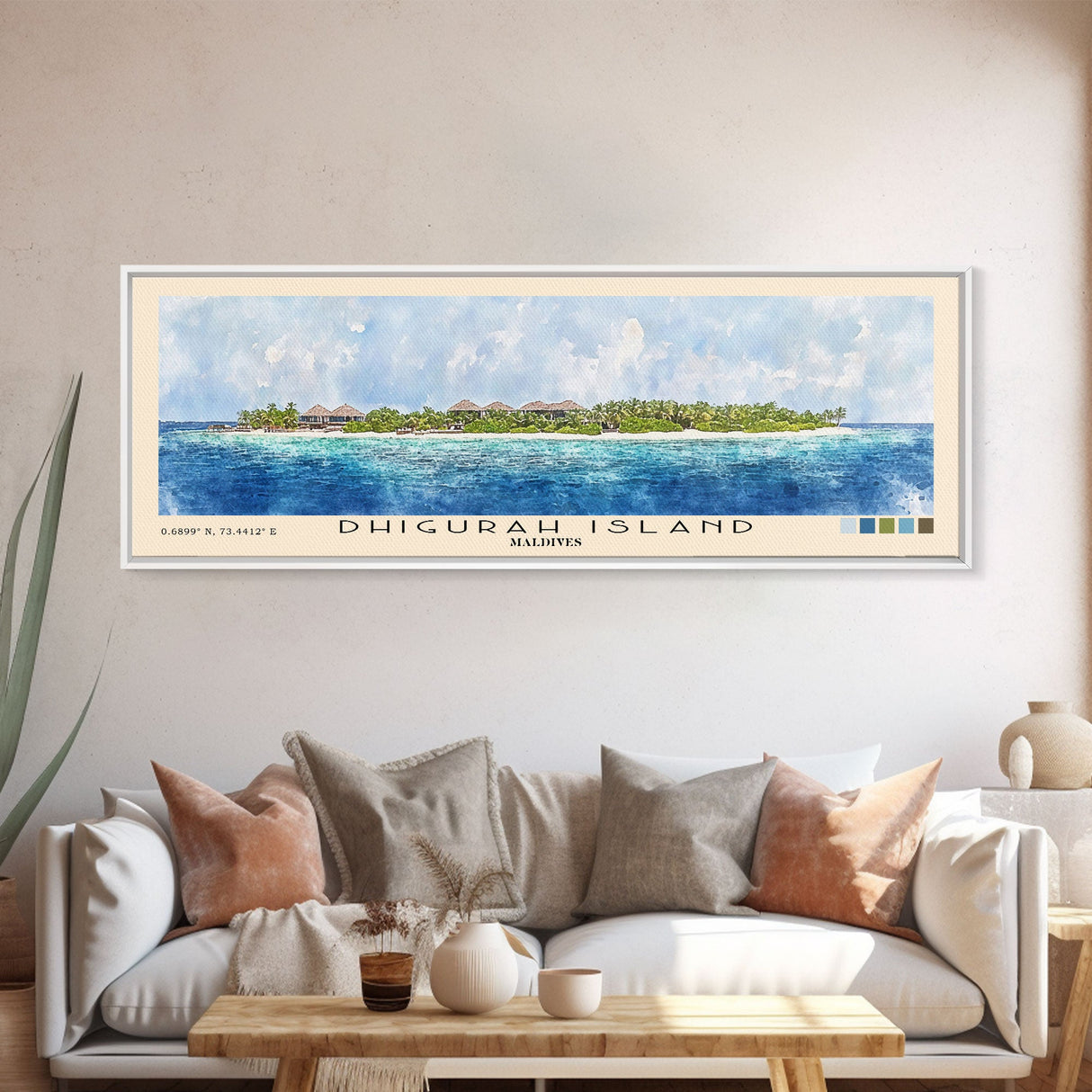 Dhigurah Island, Maldives Watercolor Print, Vacation Gift, Maldives Wall Art, Beach Painting, Beach Decor, Large Wall Art, Wood Frame Art