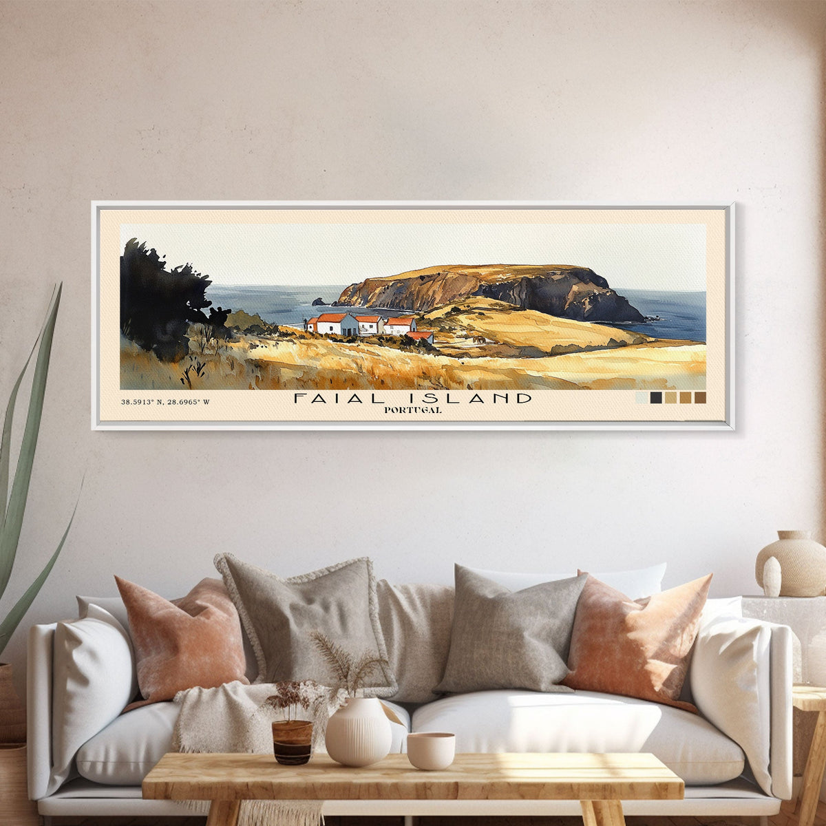 Faial Island, Portugal Watercolor Beach Print, Vacation Gift, Portugal Wall Art, Framed Canvas Print, Framed Beach Painting