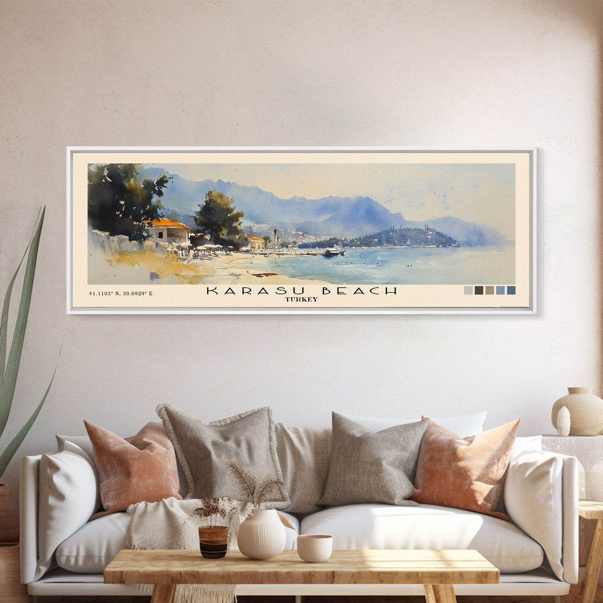 Karasu Beach, Turkey Watercolor Print, Vacation Gift, Turkey Wall Art, Beach Painting, Beach Decor, Large Wall Art, Wood Frame Art
