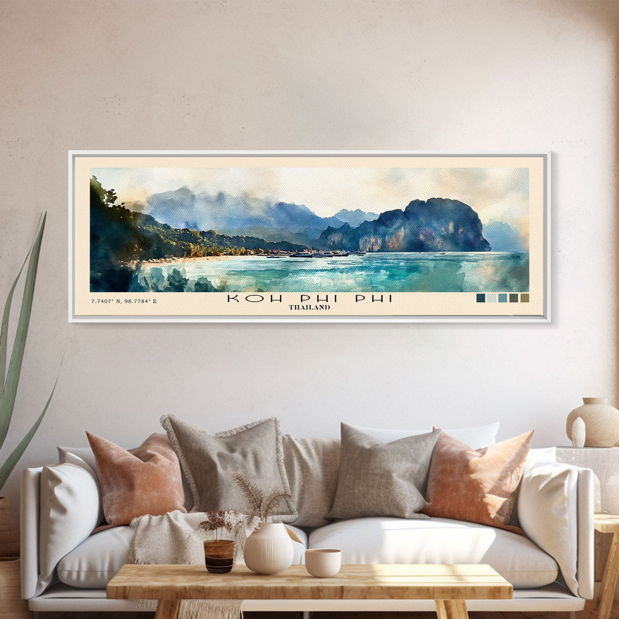 Koh Phi Phi, Thailand Watercolor Print, Vacation Gift, Thailand Wall Art, Beach Painting, Beach Decor, Large Wall Art, Wood Frame Art