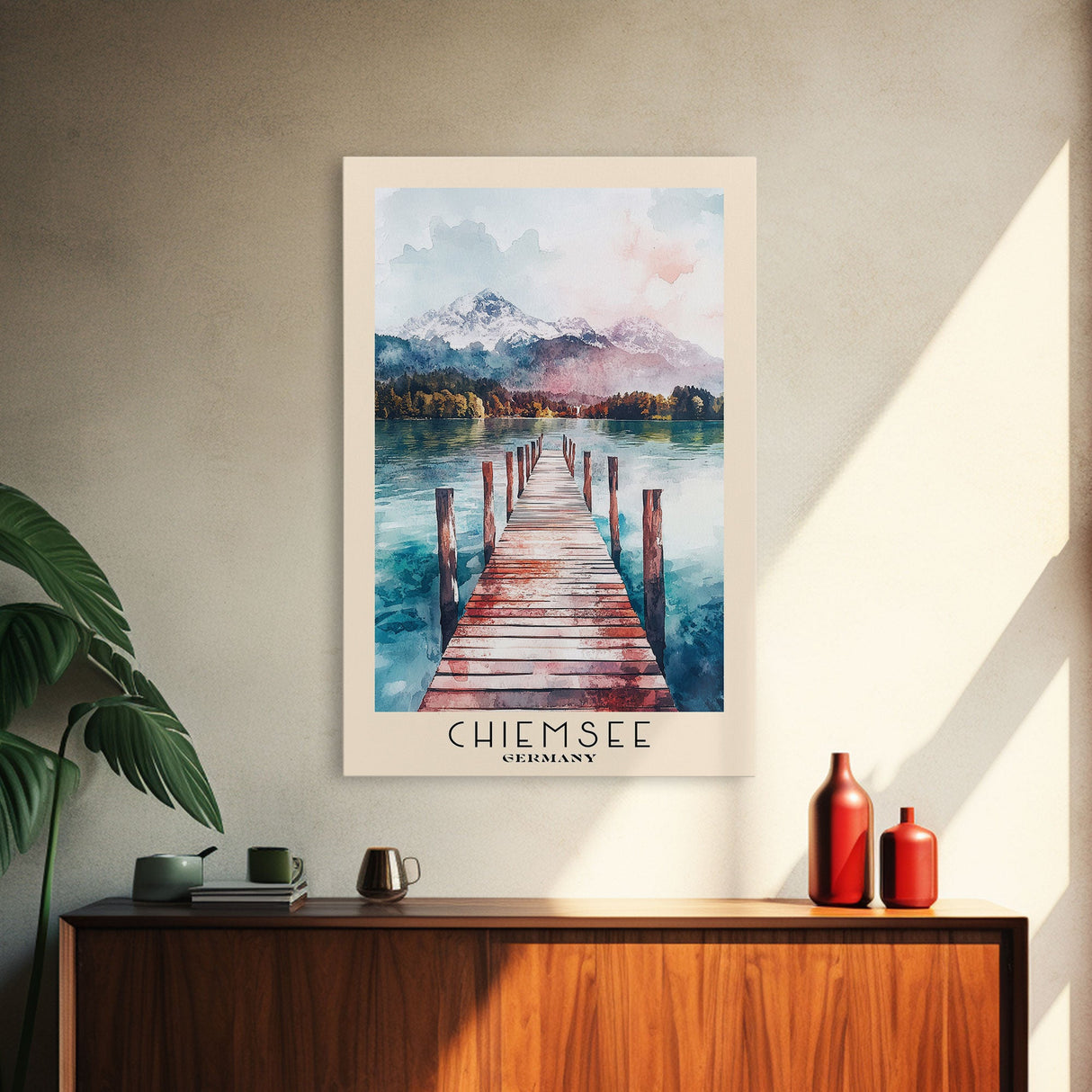 Chiemsee, Germany Watercolor Print, Vacation Gift, Germany Wall Art, Beach Painting, Beach Decor, Large Wall Art, Wood Frame Art