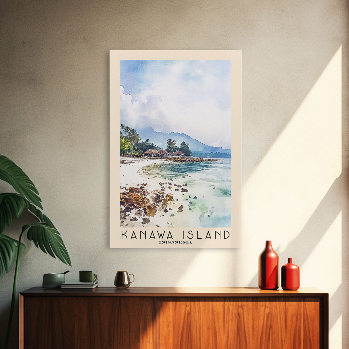Kanawa Island, Indonesia Watercolor Print, Vacation Gift, Indonesia Wall Art, Beach Painting, Beach Decor, Large Wall Art, Wood Frame Art