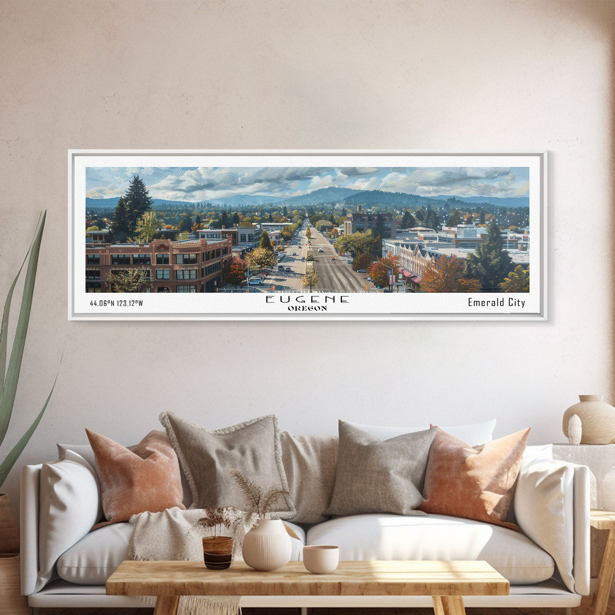Eugene Oregon Panoramic Watercolor Painting, Scenic Framed Canvas Print, Urban Wall Art for Office, Travel Poster, Home Decor, City Gift Idea