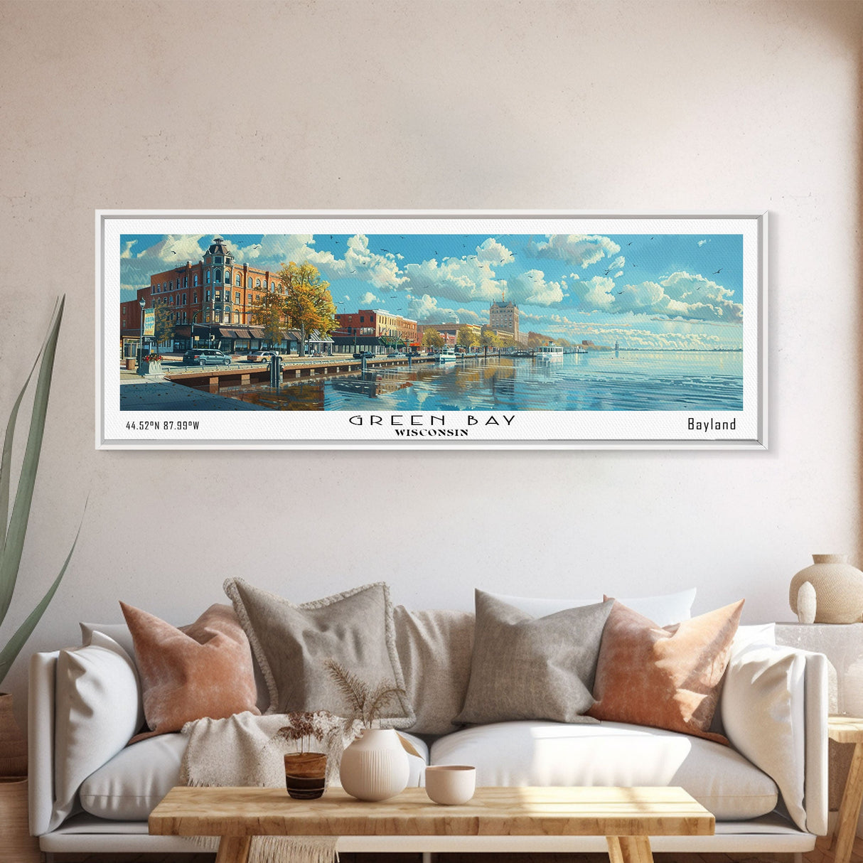 Green Bay Wisconsin Panoramic Watercolor Painting, Urban Framed Canvas Print, Cityscape Wall Art for Office, Travel Decor, Home Gift Idea