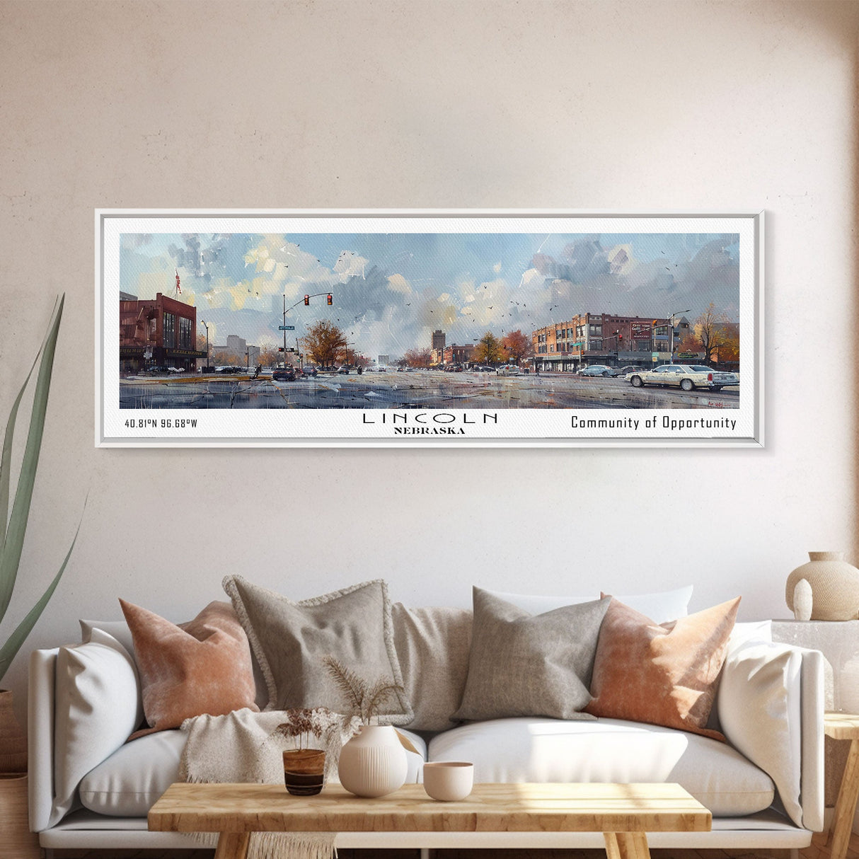 Lincoln Nebraska Panoramic Watercolor Cityscape, Framed Canvas Print for Living Room, Office Wall Art, Urban Decor, Travel Poster
