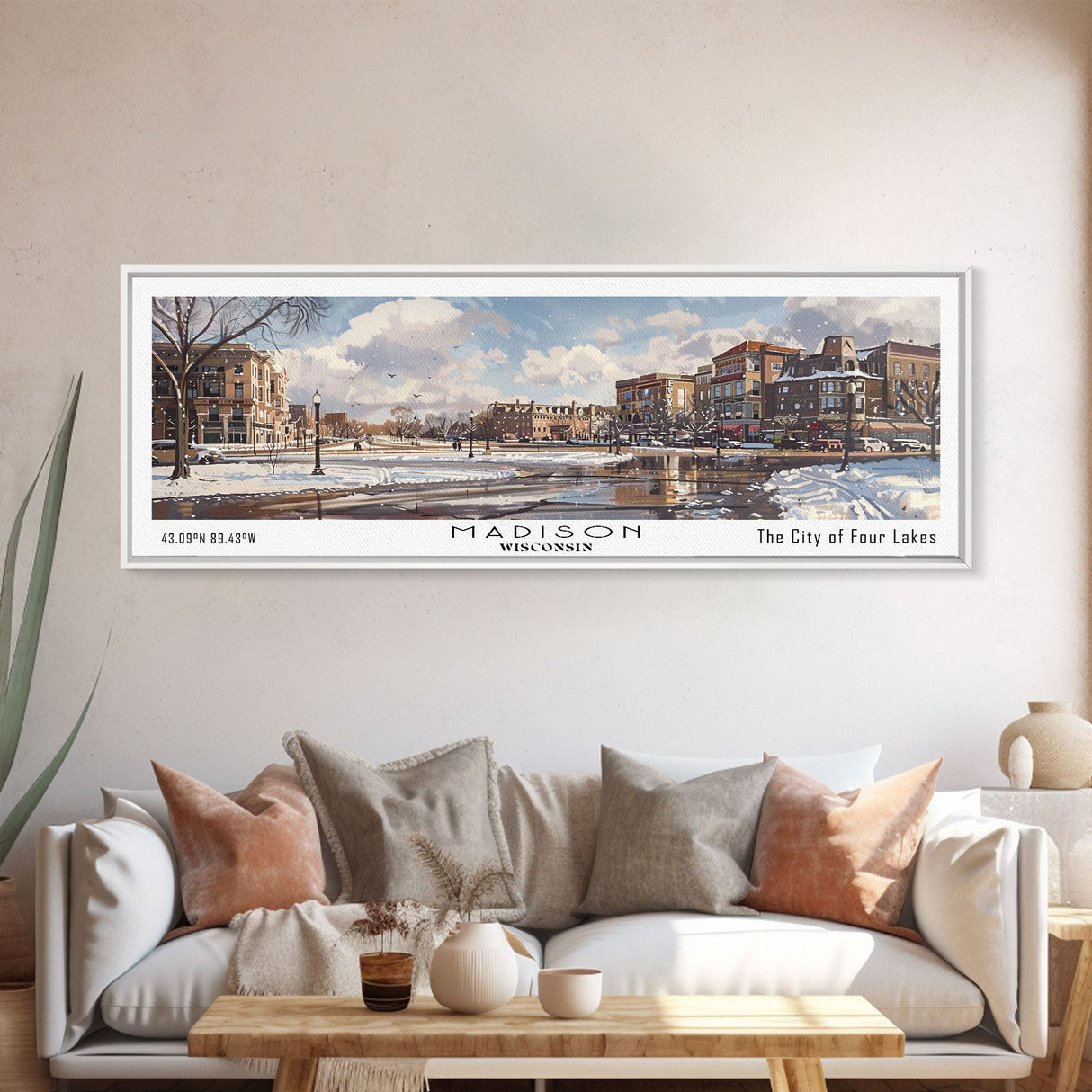 Madison Wisconsin Panoramic Watercolor Cityscape, Framed Canvas Print for Living Room, Office Wall Art, Urban Decor, Travel Poster