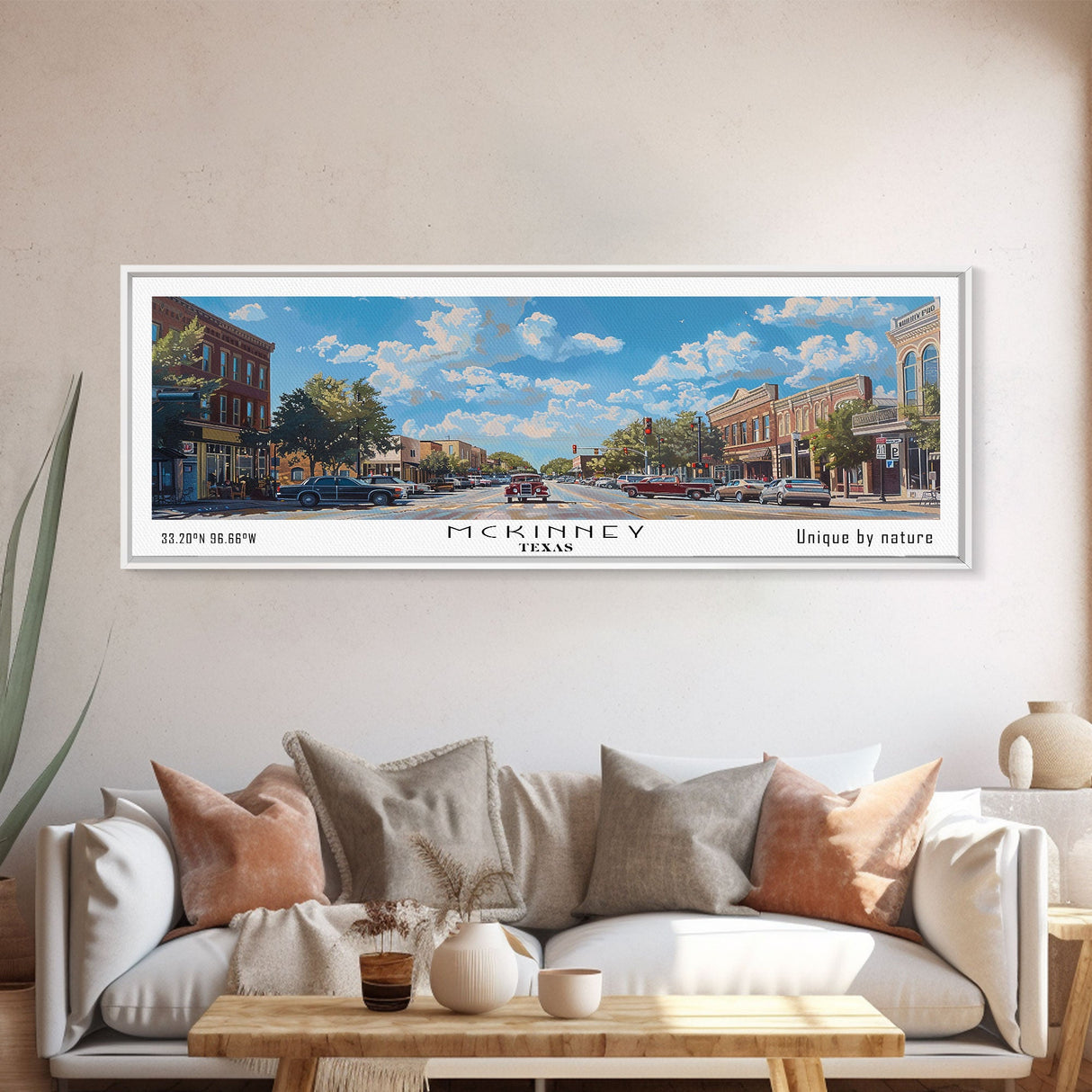 McKinney Texas Panoramic Framed Canvas Print, Beautiful Watercolor Art, Perfect Office Wall Decor, Living Room Art, Travel Poster, City Print