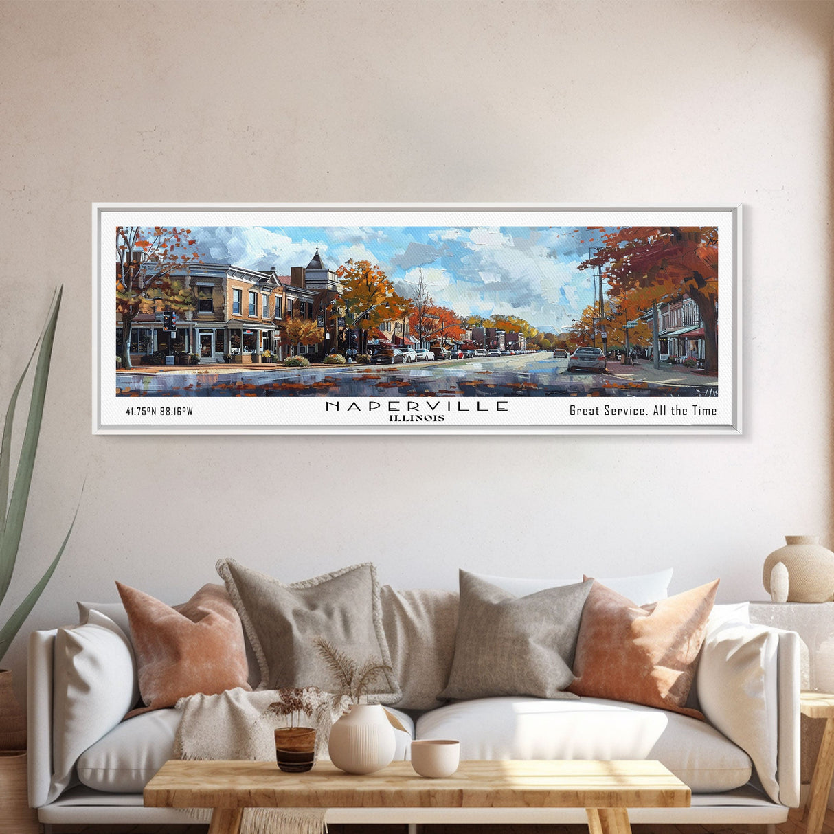 Naperville Illinois Panoramic Framed Canvas Print, Watercolor Cityscape, Office Wall Art, Travel Poster, Living Room Decor, City Art