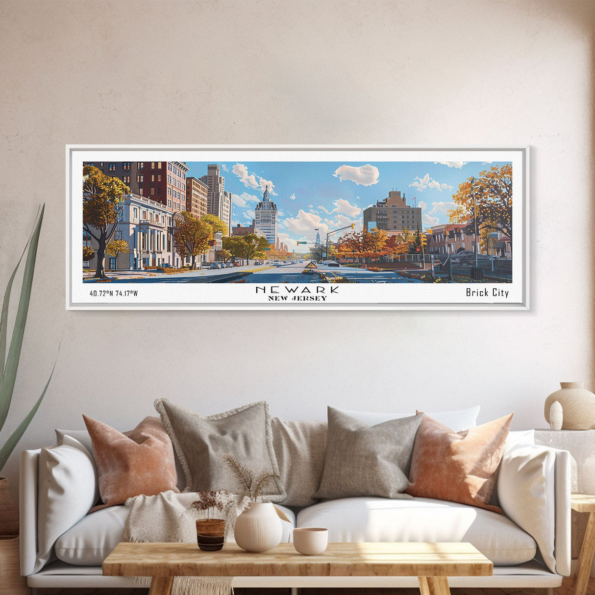 Newark New Jersey Panoramic Framed Canvas Print, Watercolor City Art, Office Wall Decor, Travel Poster, Living Room Decor, City Art