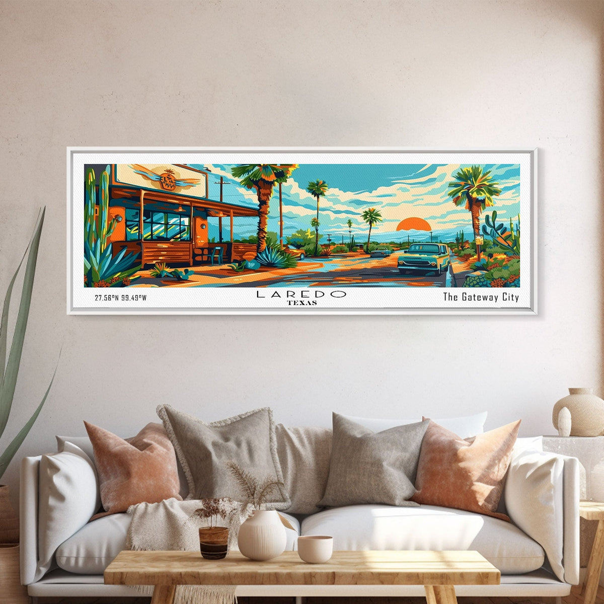 Laredo Texas Panoramic Wall Art, Pop Art Framed Canvas Print, Mid Century Modern Home Decor, Retro Style Travel Poster