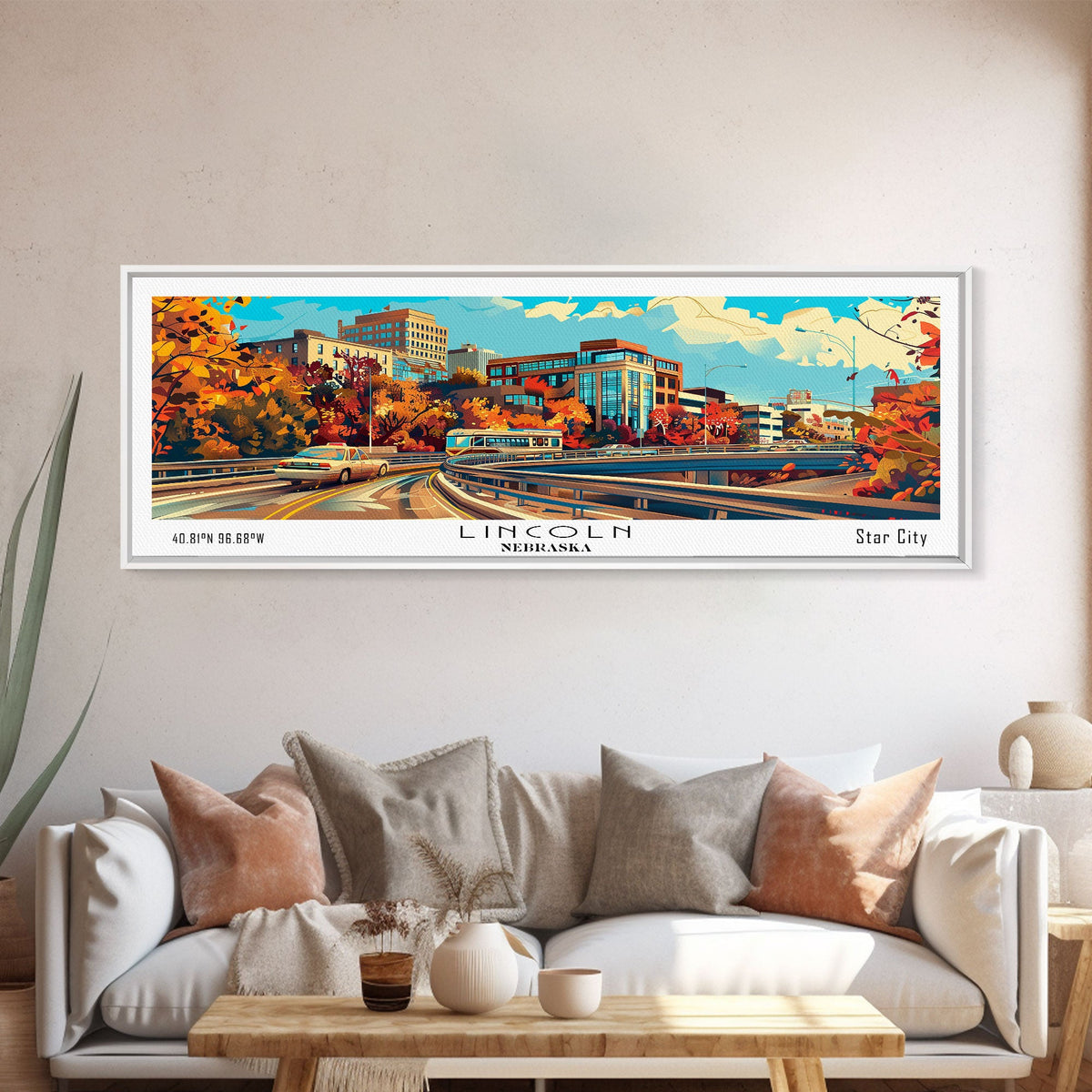 Lincoln Nebraska Panoramic Wall Art, Mid Century Modern Framed Canvas Print, Retro Pop Art Travel Poster, Home Decor