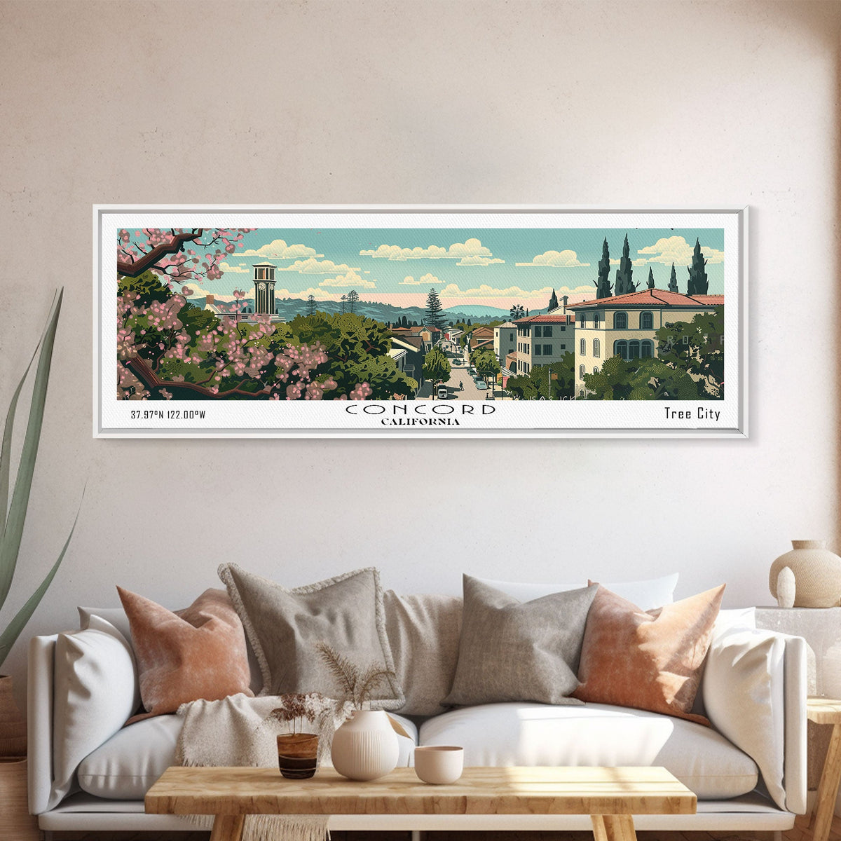 Concord California Panoramic Painting, Mid Century Modern Framed Canvas Print, Retro Pop Art Travel Poster, City Wall Decor, Office Decor