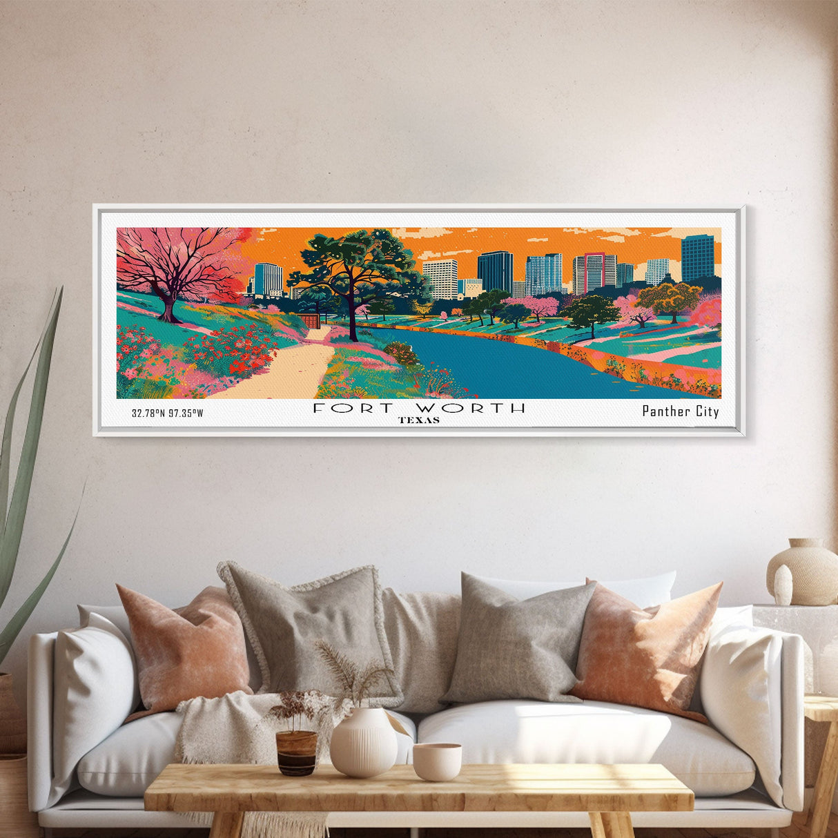 Fort Worth Texas Panoramic Painting, Mid Century Modern Framed Canvas Print, Retro Pop Art Travel Poster, Office Wall Decor