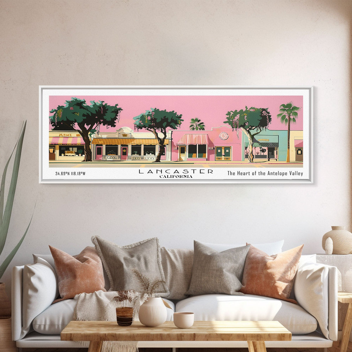 Lancaster California Panoramic Painting, Mid Century Modern Framed Canvas Print, Retro Pop Art Travel Poster, Home Decor