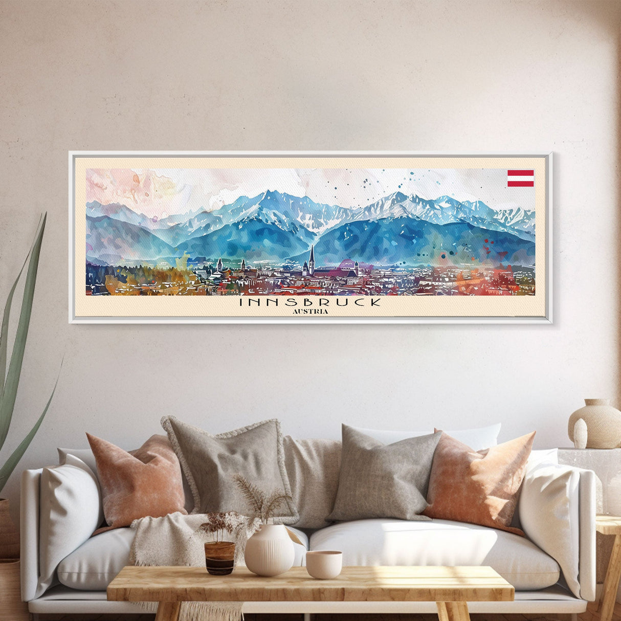Innsbruck Austria Panoramic Travel Poster, Framed Canvas Print or Metal Wall Art, Travel Art, Home Decor, Panoramic Painting, Midcentury Art