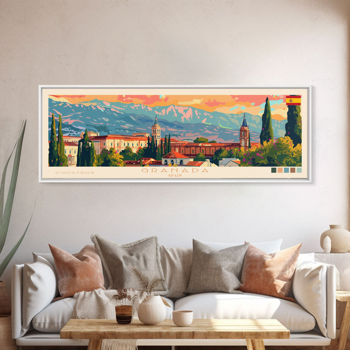 Granada Spain Panoramic Travel Poster, Framed Canvas Print or Metal Wall Art, Travel Art, Home Decor, Panoramic Painting, Midcentury Art