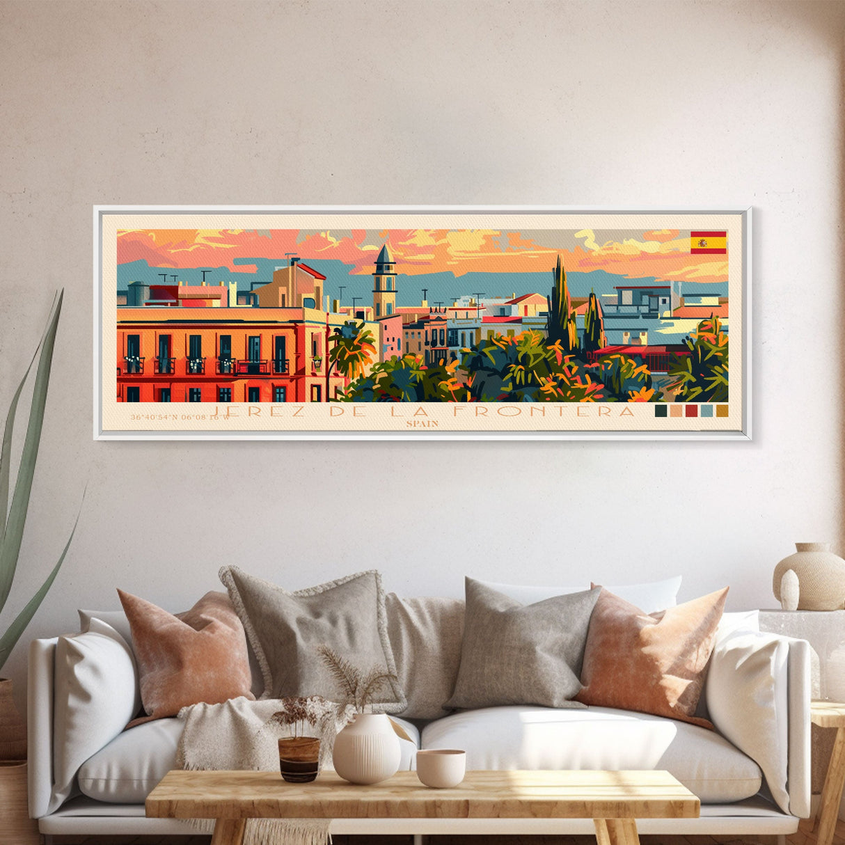 Jerez D eLa Frontera Spain Panoramic Travel Poster, Framed Canvas Print or Metal Wall Art, Travel Art, Home Decor, Panoramic Painting, Midcentury Art