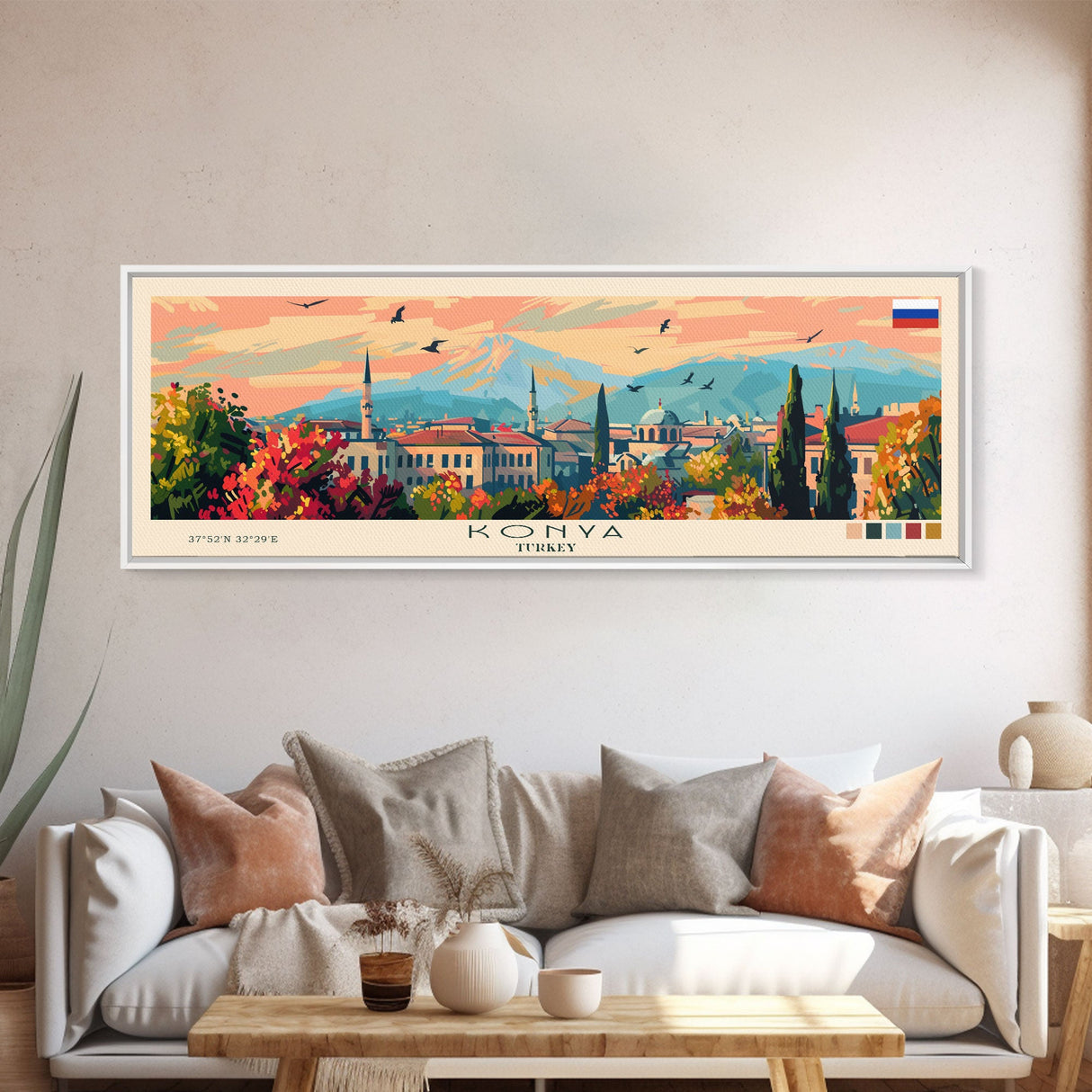 Konya Turkey Panoramic Travel Poster, Framed Canvas Print or Metal Wall Art, Travel Art, Home Decor, Panoramic Painting, Midcentury Art