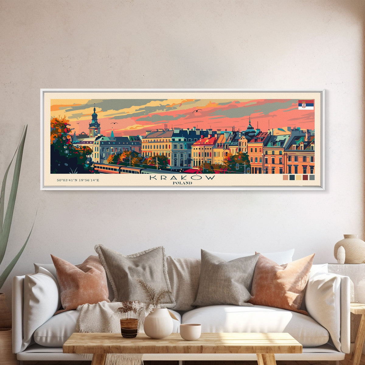 Krakow Poland Travel Art, City Art, Framed Canvas Print or Metal Wall Art, Europe Travel Poster, Panoramic Wall Art, Extra Wide Wall Art