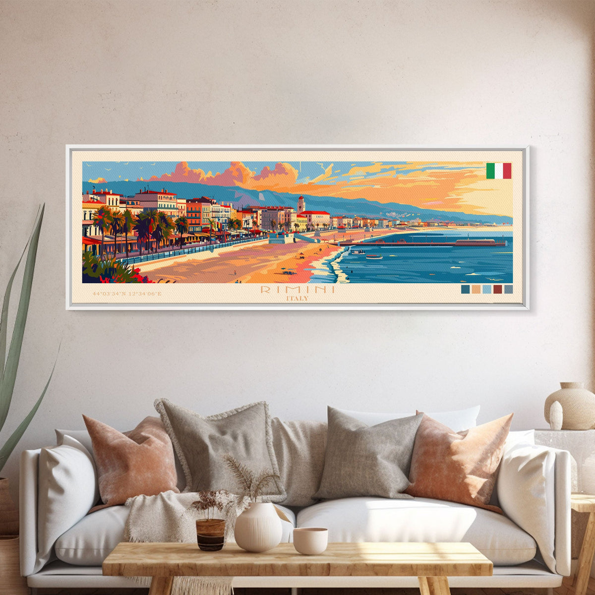 Rimini Italy Travel Art, City Art, Framed Canvas Print or Metal Wall Art, Europe Travel Poster, Panoramic Wall Art, Extra Wide Wall Art