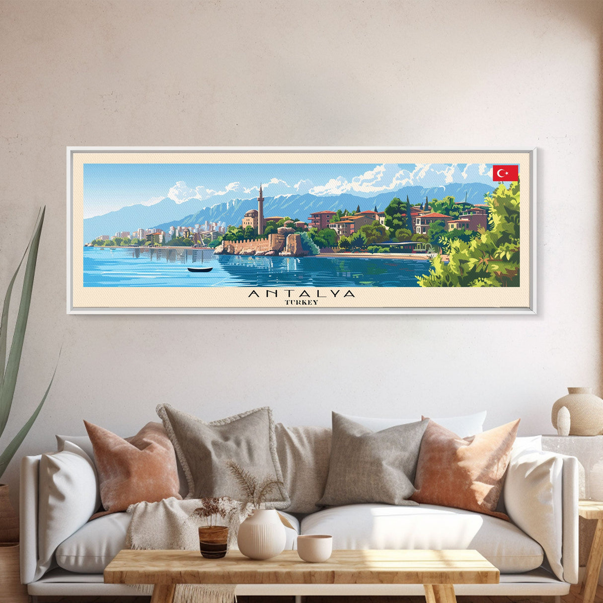 Antalya Turkey Panoramic Travel Poster, Framed Canvas Print or Metal Wall Art, Travel Art, Home Decor, Panoramic Painting, Midcentury Art