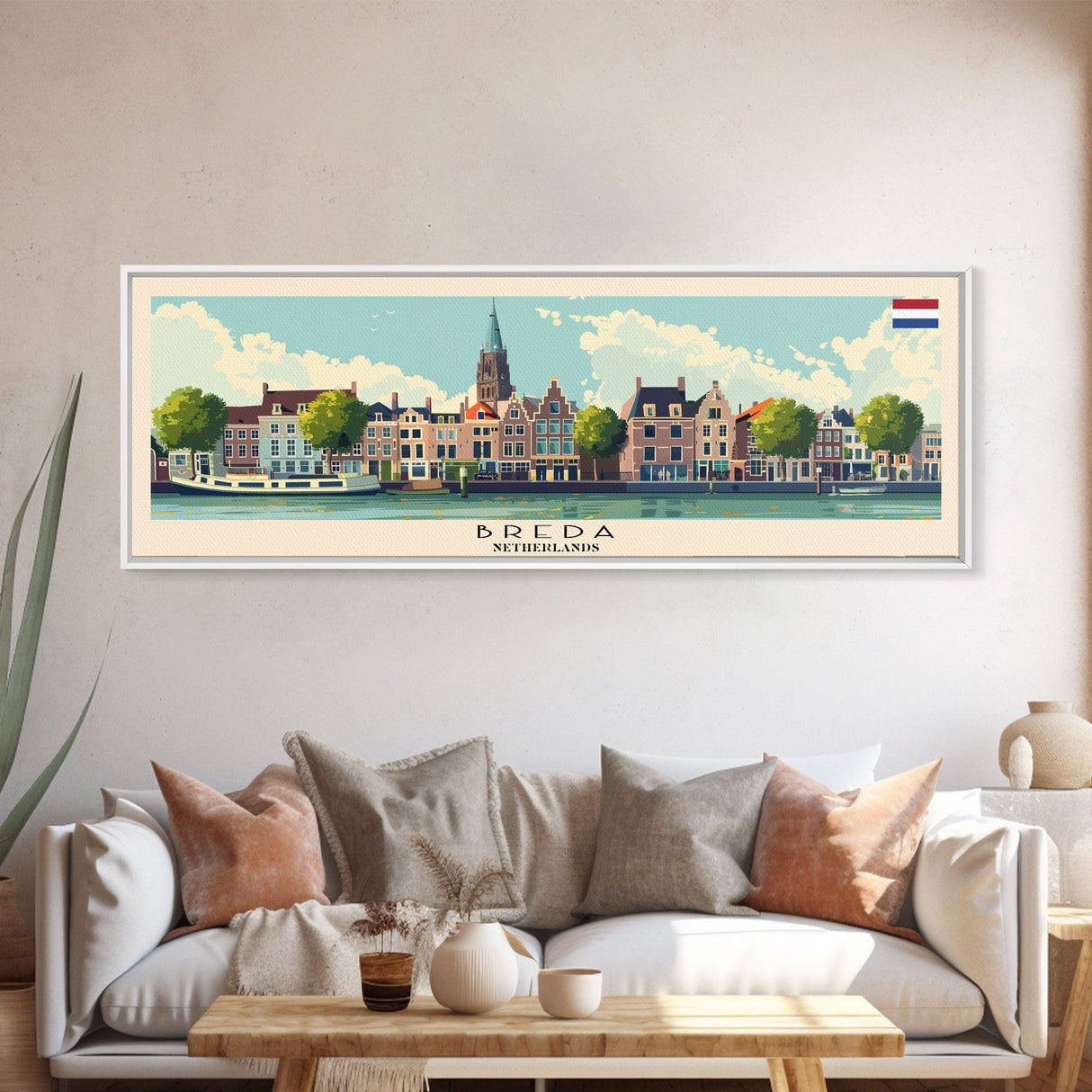 Breda Netherlands Panoramic Travel Poster, Framed Canvas Print or Metal Wall Art, Travel Art, Home Decor, Panoramic Painting, Midcentury Art
