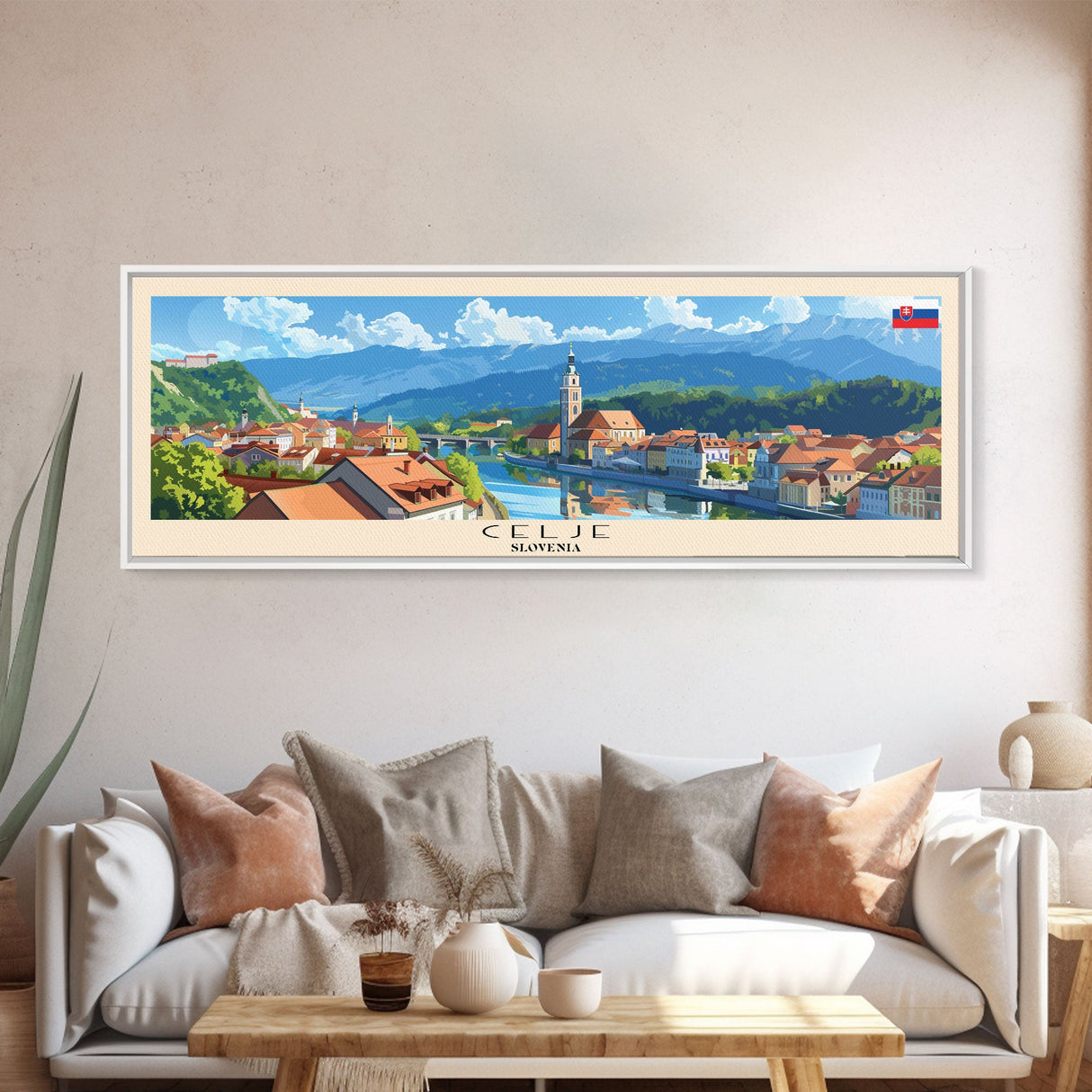 Celje Slovenia Panoramic Travel Poster, Framed Canvas Print or Metal Wall Art, Travel Art, Home Decor, Panoramic Painting, Midcentury Art