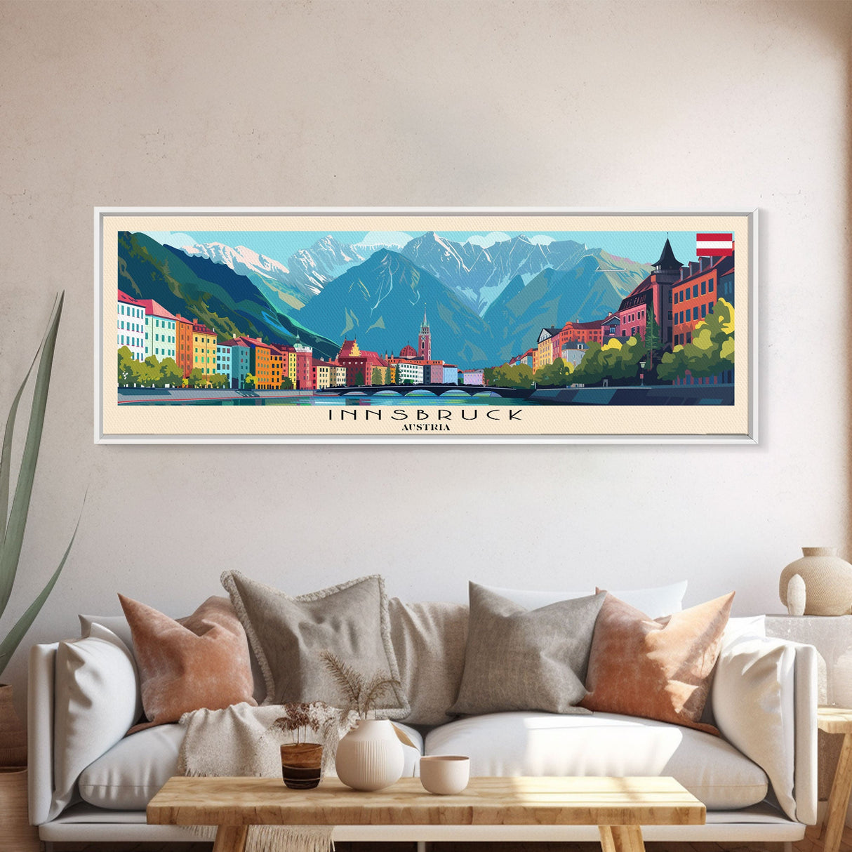 Innsbruck Austria Panoramic Travel Poster, Framed Canvas Print or Metal Wall Art, Travel Art, Home Decor, Panoramic Painting, Midcentury Art