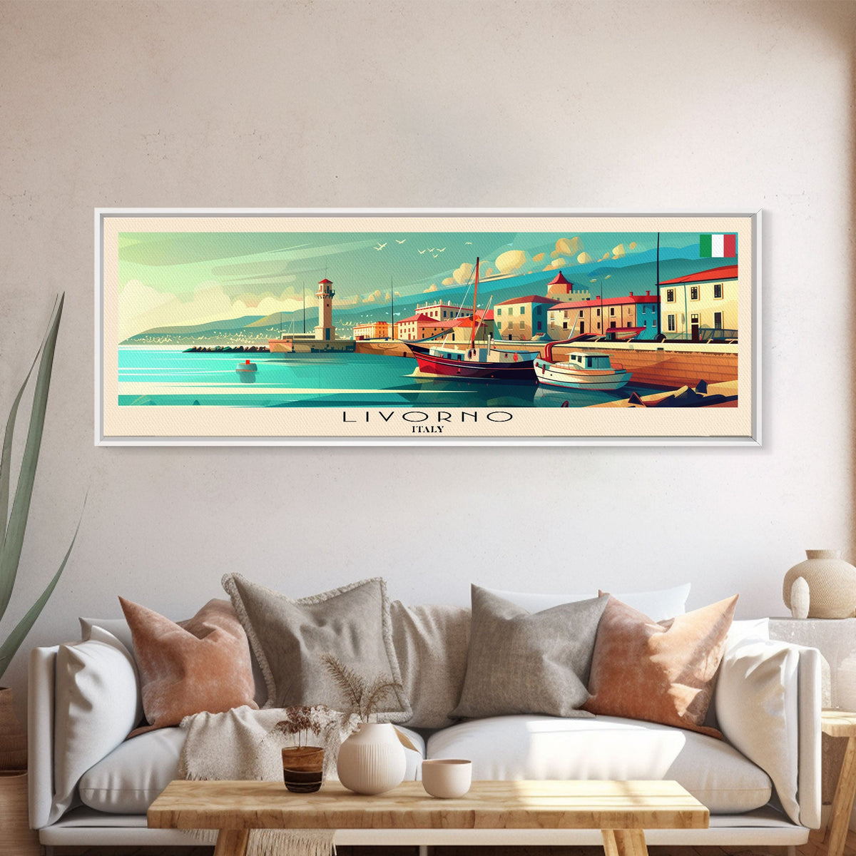 Livorno Italy Panoramic Travel Poster, Framed Canvas Print or Metal Wall Art, Travel Art, Home Decor, Panoramic Painting, Midcentury Art