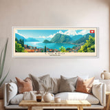 Lugano Switzerland Panoramic Travel Poster, Framed Canvas Print or Metal Wall Art, Travel Art, Home Decor, Panoramic Painting, Midcentury Art