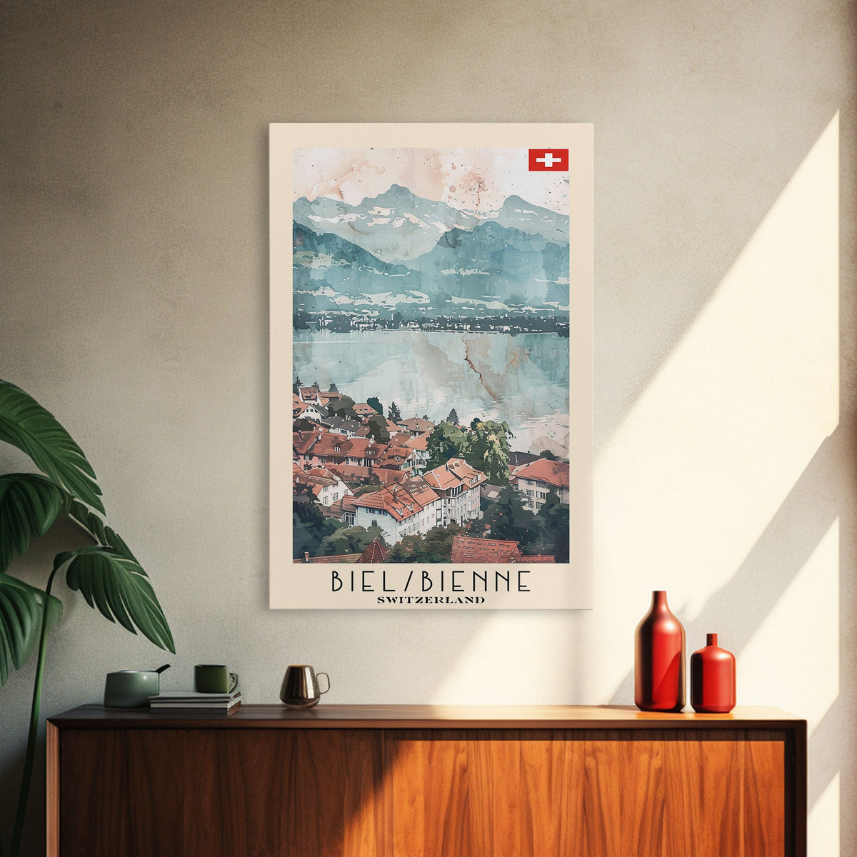 Biel/Bienne Switzerland Travel Poster Framed Canvas Print, Watercolor Painting, Wall Art, Home Decor, Scenic Travel Print
