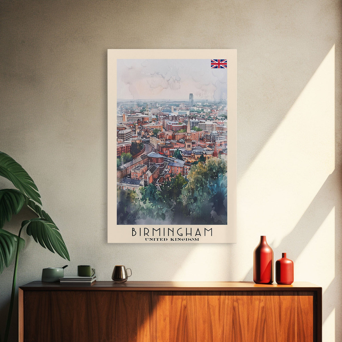 Birmingham United Kingdom Travel Poster Framed Canvas Print, Watercolor Art, Home Decor, Wall Art, Travel Print, Cityscape Art