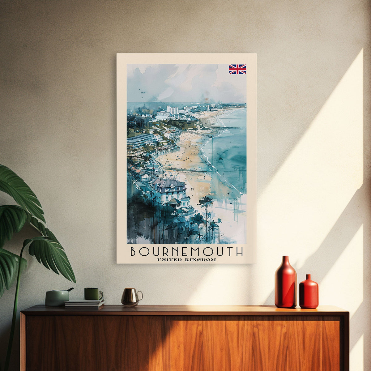Bournemouth United Kingdom Travel Poster Framed Canvas Print, Wall Art, Home Decor, Travel Print, Beach View, Watercolor Art