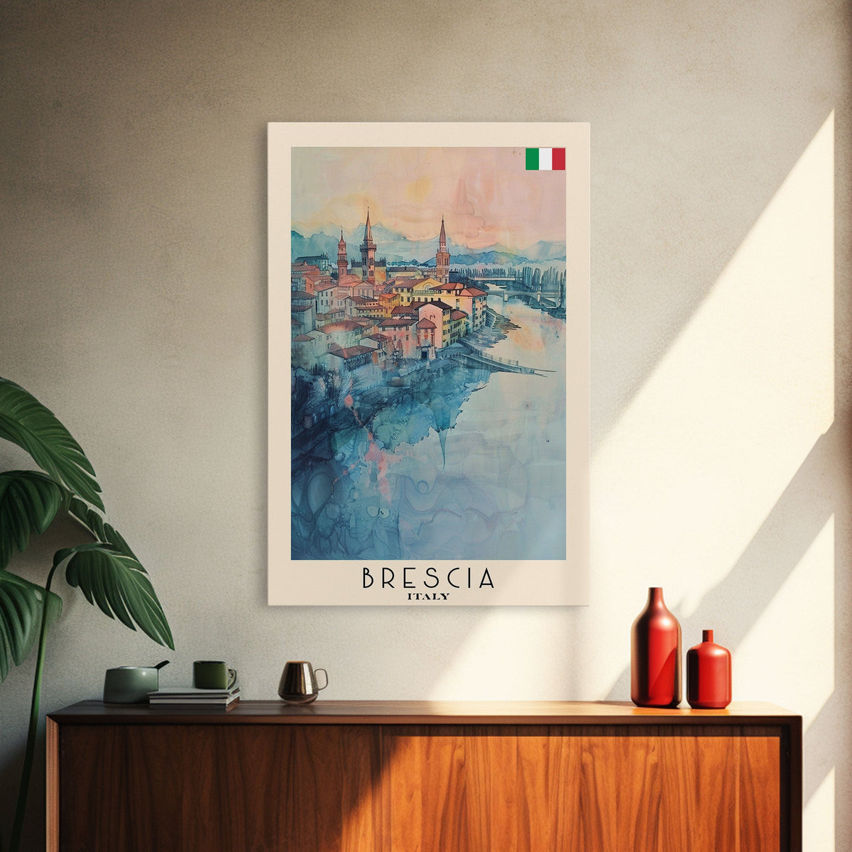 Brescia Italy Travel Poster Framed Canvas Print, Cityscape Art, Wall Decor, Travel Print, Watercolor Painting, Boho Style Art