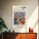 Luton United Kingdom Travel Poster Framed Canvas Print, Vibrant Cityscape, Urban Art, Wall Decor, Interior Design, Travel Print, Unique Art