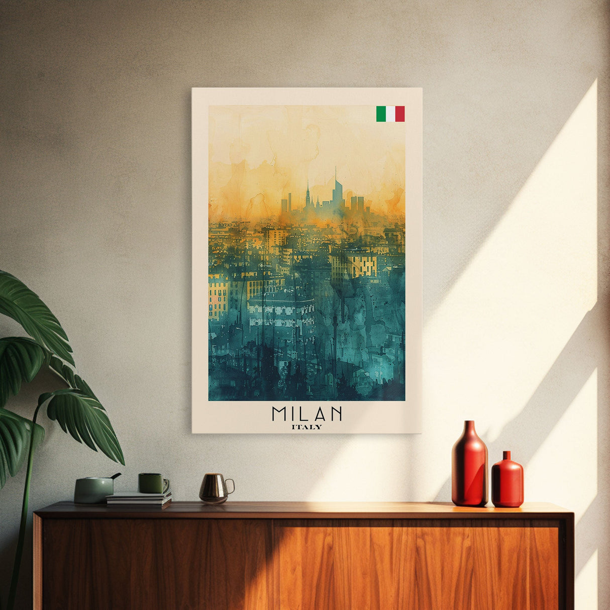 Milan Italy Travel Poster Framed Canvas Print, Iconic Landmarks, Urban Art, Wall Hanging, Home Decor, Travel Print, Artistic Gift