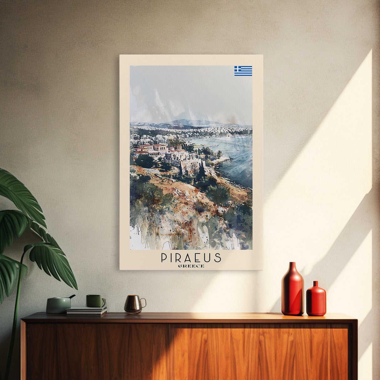 Piraeus Greece Travel Poster Framed Canvas Print, Watercolor Painting, Coastal Wall Art, Home Decor, Greek Seaside, Vibrant Art