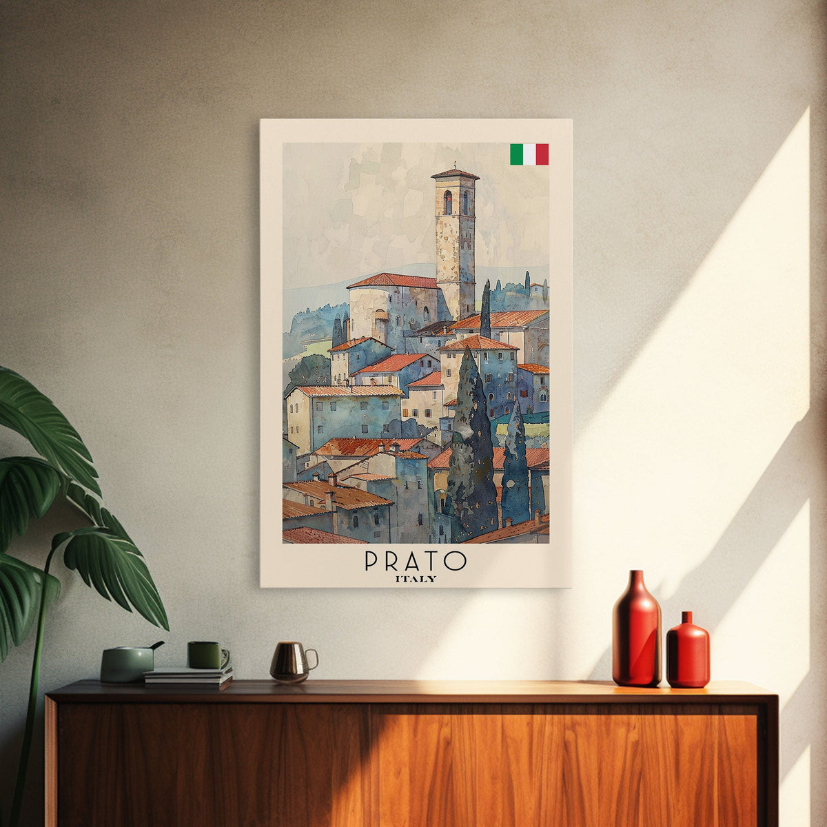 Prato Italy Travel Poster Framed Canvas Print, Watercolor Painting, Scenic Wall Art, Home Decor, Italian Landscape, Vibrant Art