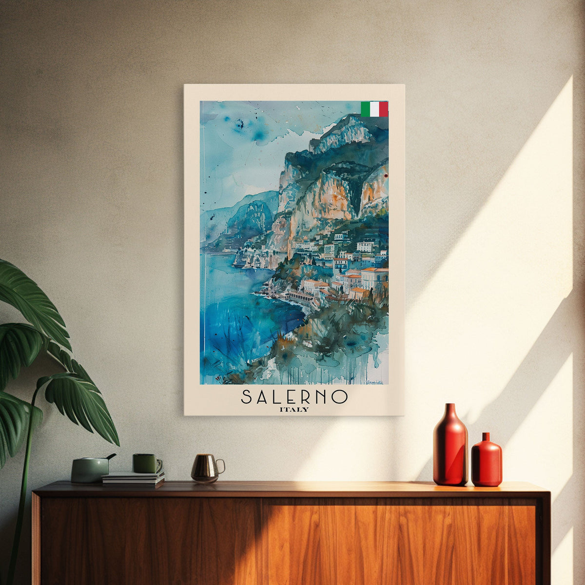 Salerno Italy Travel Poster Framed Canvas Print, Watercolor Painting, Coastal Wall Art, Home Decor, Italian Seaside, Modern Art