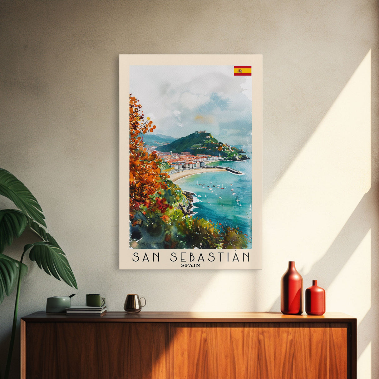 San Sebastian Spain Travel Poster Framed Canvas Print, Watercolor Painting, Coastal Wall Art, Home Decor, Spanish Seaside, Vibrant Art