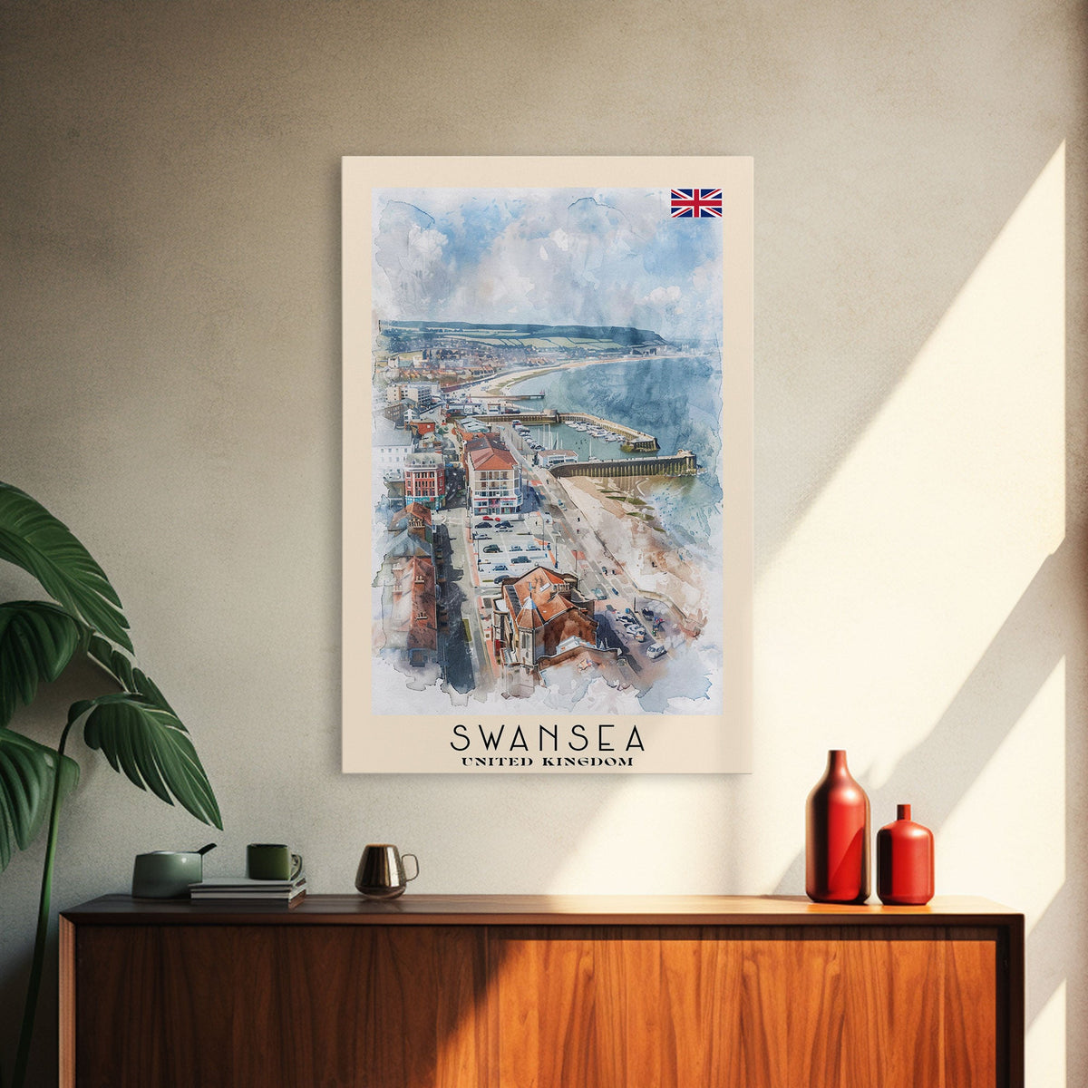 Swansea United Kingdom Travel Poster Framed Canvas Print, Watercolor Painting, Coastal Wall Art, Home Decor, British Seaside, Nautical Art