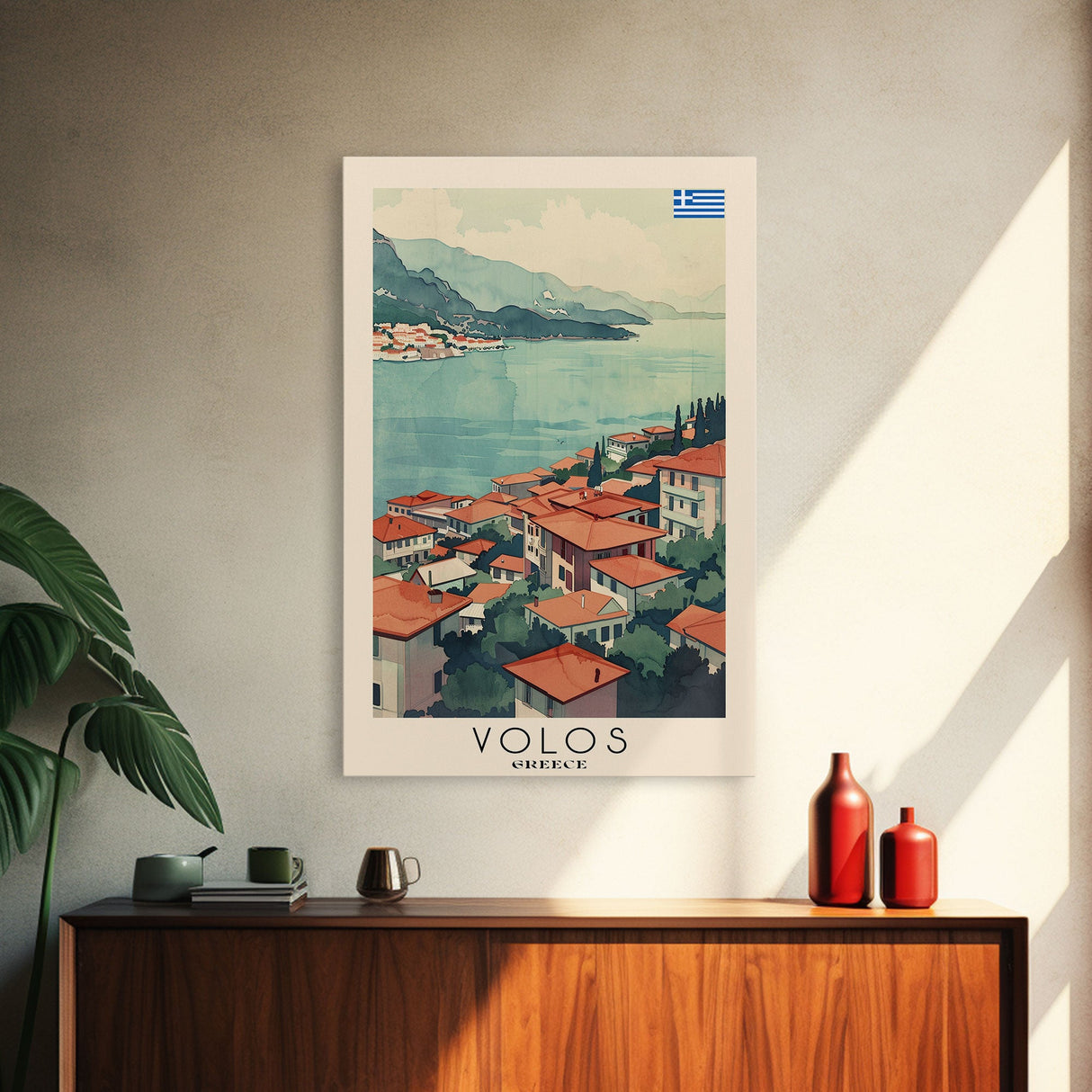 Volos Greece Travel Poster Framed Canvas Print, Watercolor Painting, Coastal Wall Art, Home Decor, Greek Seaside, Mediterranean Art