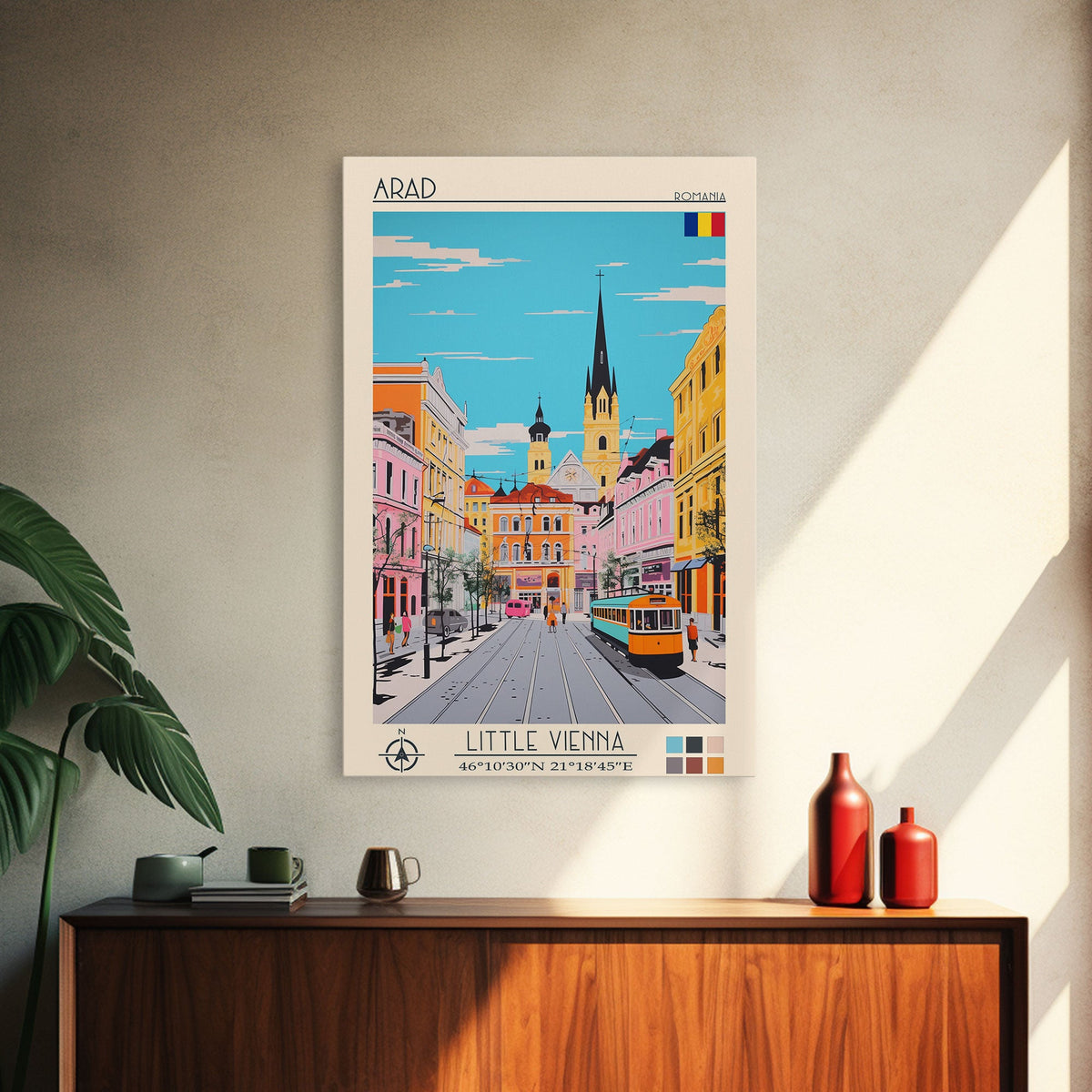 Arad Romania Travel Poster Framed Canvas Print, Midcentury Modern Art, Pop Art Wall Decor, Home Decor, Vacation Gift, Living Room Art